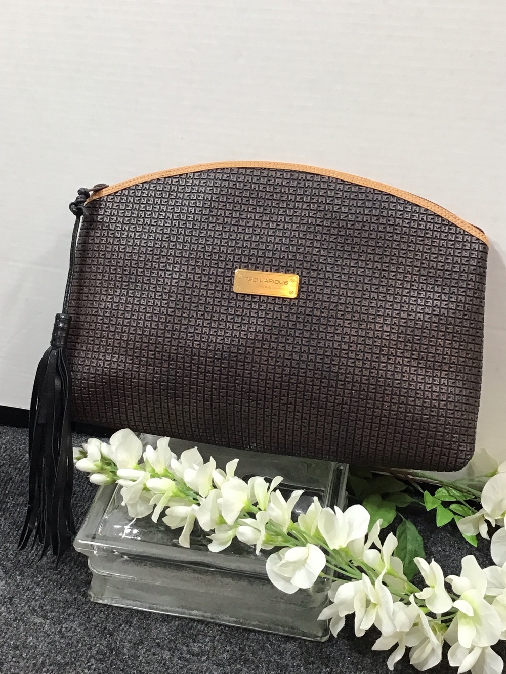 Ted Lapidus Paris brown monogram large zipper clutch France fringe